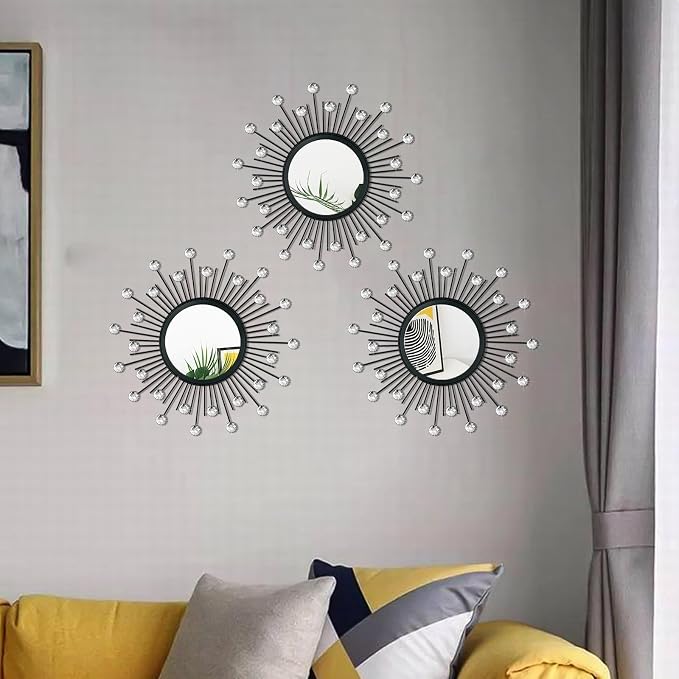 3 Pack Metal Mirrors for Wall Sunburst Wall Mirrors Home Décor Decorative Hanging Wall Art for Living Room Bedroom Entryway (Black Crystal, Sunburst)