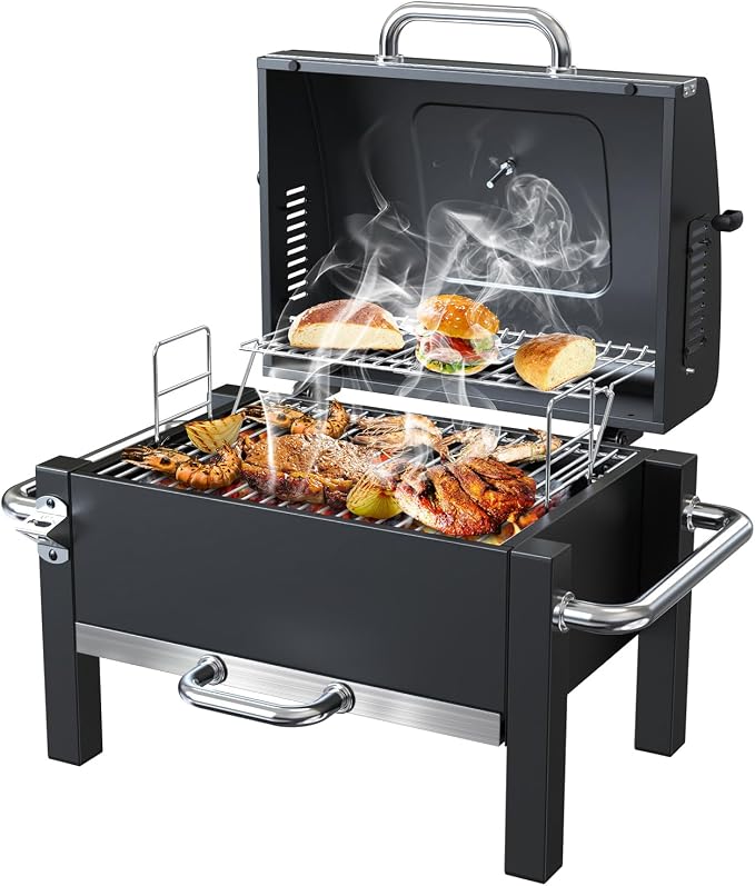 BBQCuker Portable Charcoal Grill with Warming Rack, Tabletop Charcoal Grill, Small BBQ Grill with Thermometer(100-800°F), Outdoor Charcoal Smoker for Camping, Picnic, Hiking, Beach and Travel