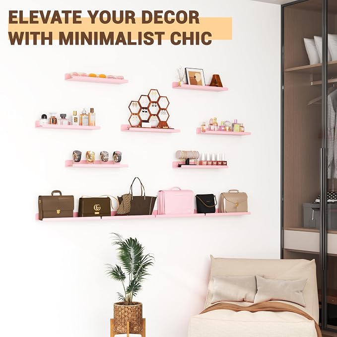 Qukaka Floating Shelves for Wall Decor, 15" Wall Shelves for Bedroom, Living Room, Kitchen, Bathroom Decor, Nail Polish/Book/Decoration/Makeup/Perfume Organizer Floating Shelf-3Pack Pink