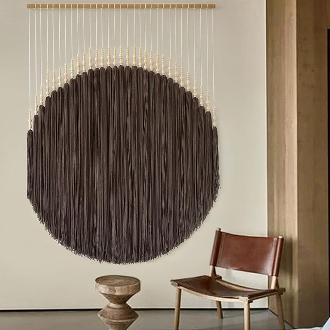 Macrame Wall Hanging Brown Geometric Art Beaded HandmadeTassel 39"W*45"L | Boho Wall Art, Handmade Wall Hanging, Modern Decor, Dorm Room Style, Living Room Accent, Office Decoration, Round Wall Art
