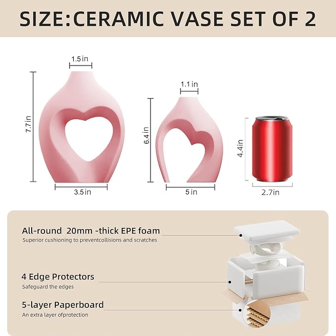 Ceramic Flower Vases Table Decor Heart Shaped Vase Set of 2 Pink | Nordic Heart Shaped Vases Minimalist Decorative Vase for Table Centerpiece Wedding Dining Living Room Office House Decoration