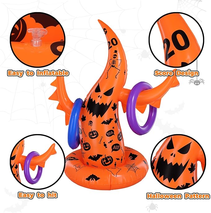Halloween Ring Toss Game Set, 5 Pack Inflatable Ghost Witch Hat Ring Toss Fun Halloween Games for Kids Trunk or Treat Party Games Carnival Activities Indoor Outdoor Halloween Party Supplies