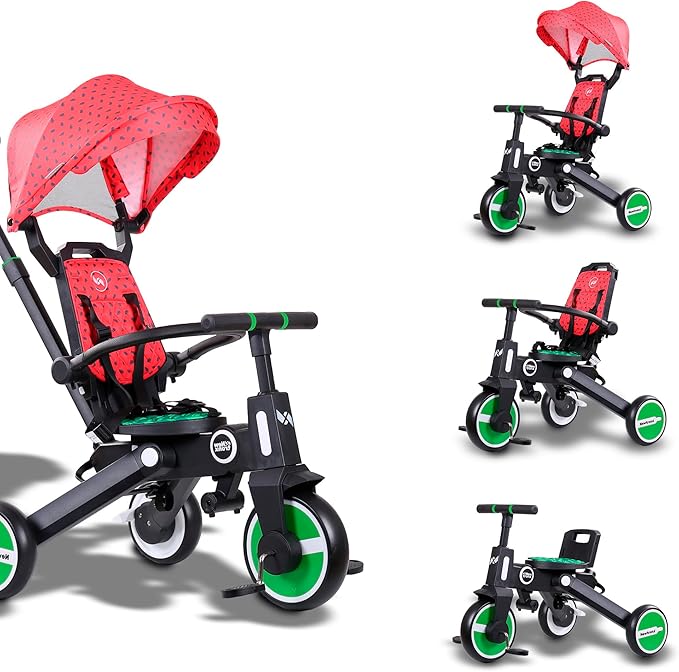 Adventure Pro Summer Edition - Foldable Tricycle for Toddlers-Big Canopy, Basket,Travel Backpack and Parent Bag - Toddler Tricycle for Ages 10 Months to 5 Years (Watermelon/Red)