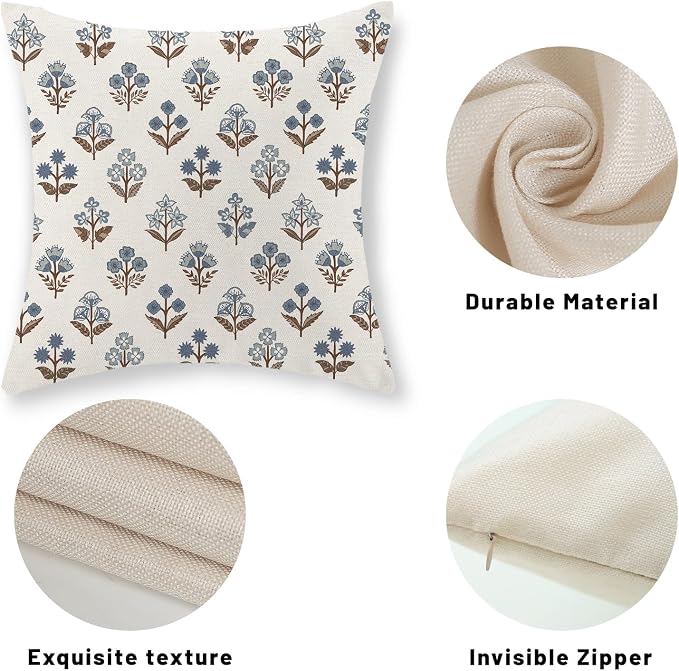 Brown Blue Pillow Covers 20x20 Inch Set of 2 Boho Block Print Floral Throw Pillows Vintage Flower Decorative Pillow Cases Outdoor Linen Farmhouse Cushion Cover for Couch Sofa Bed Decor