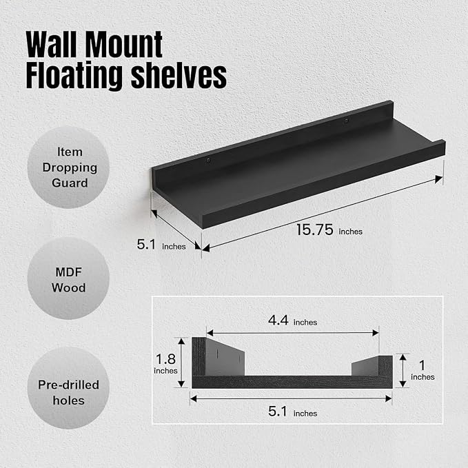 RICHER HOUSE 5 Set Floating Wall Mounted Shelves, Black Shelves for Wall Decor, Modern Picture Ledge Shelf with Lip for Storage, Nursery, Bedroom, Living Room, Bathroom - Black | Display Picture Ledge Shelf, Anti-drop lip Shelf for Room Wall Decor, Bed...