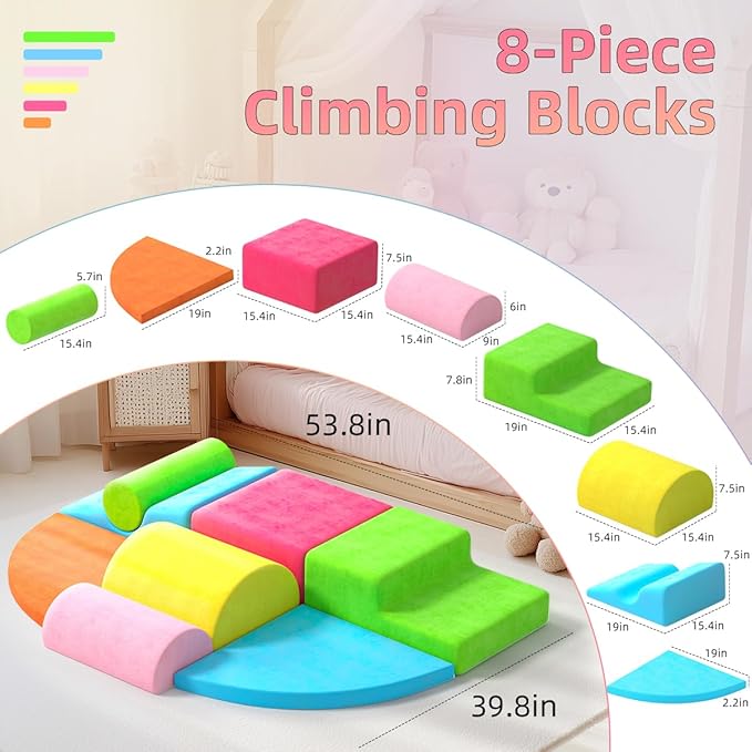 8 Piece Toddler Climbing Blocks，Soft Play Climbing Toys Indoor for Toddlers Ideal Crawling and Exploration Play Set for Baby Gym/Toddler Playground (Rainbow Color, 8pcs)