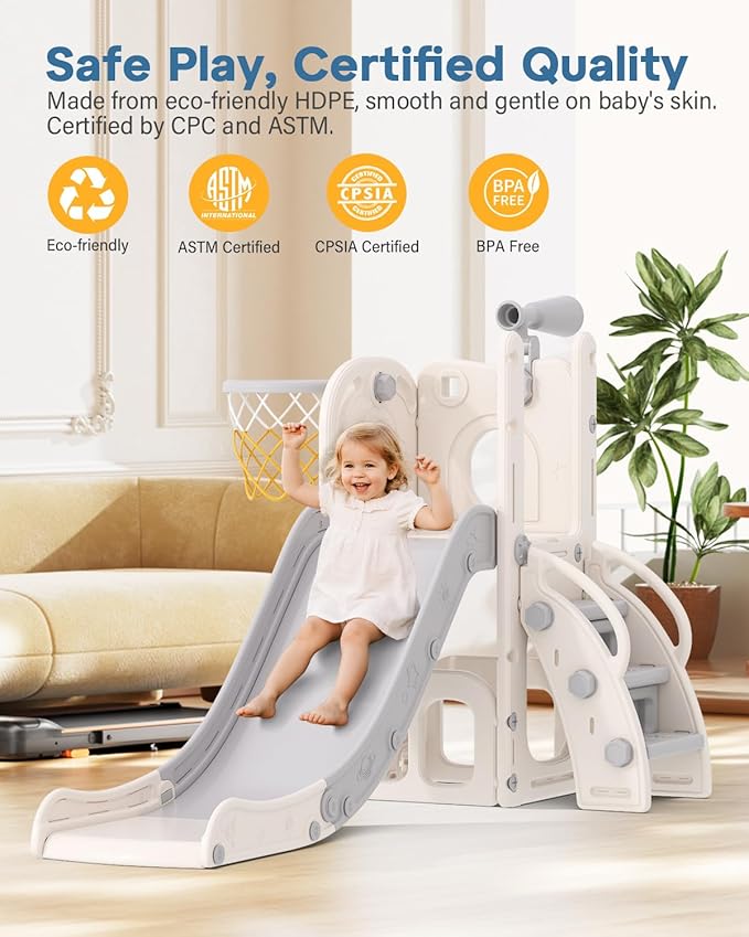 Babytronic Toddler Slide, 6 in 1 Kids Indoor Slide for Toddlers 1-3, Baby Indoor and Outdoor Climber Playset, Kids Slide with Basketball Hoop and Telescope, Toddler Outdoor Playground(White&Gray)