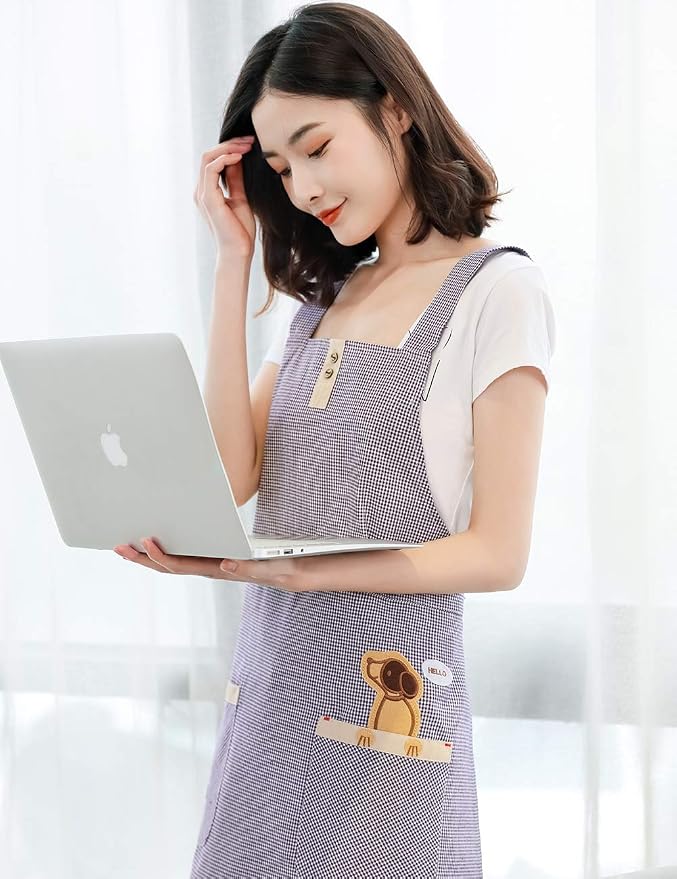 NEWGEM 100% Cotton Cute Gingham Apron with Pockets - Korean Style H-Back Pinafore for Florist, Housekeeping, Art Teacher (Purple Doggy)