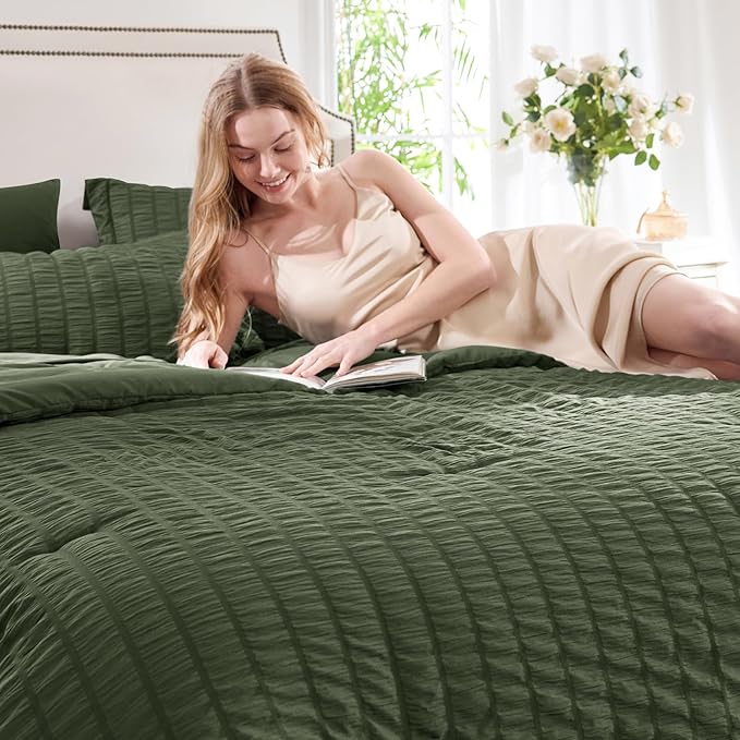 CozyLux King Size Comforter Set Olive Green Seersucker 7 Pieces Bed in a Bag King Comforter Set with Sheets, Luxury Soft Bedding Sets with Down Alternative Comforter, Sheets, Pillowcases & Shams