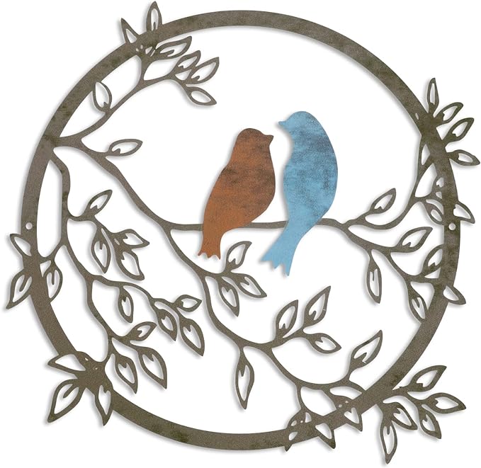 Ferraycle Metal Wall Art Bird on Tree Branch Silhouette Bird Hanging Ornament Porch Wall Decor for Living Room Outdoor Garden Bedroom Office Housewarming Party Decoration(Vivid Color)