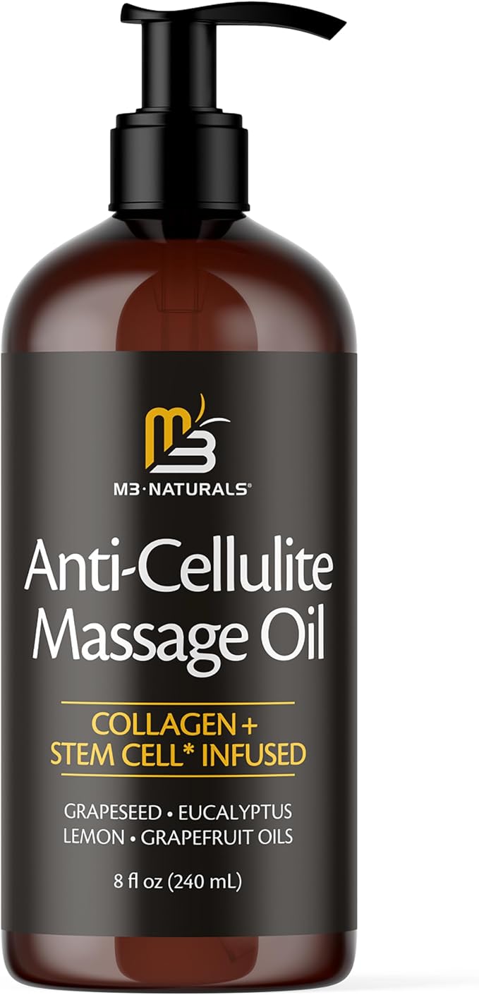 Anti Cellulite Massage Oil and Silicone Body Brush – Collagen and Stem Cell Skin Tightening Formula for Smoothing and Firming, 8 fl oz by M3