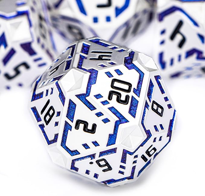 Metal DND Sci-fi Dice Set 7PCS Stripe Polyhedral Dice for Dungeons Dragons RPG Role Playing Game, Glitter D and D Dice with Gift Box D6 D8 D10 D12 D20 (Silver Blue)