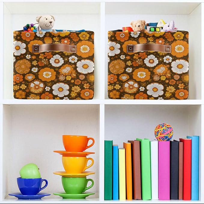 Aslsiy Storage Basket Orange 60s 70s Style Nursery Bins Retro Floral Baby Box Canvas Clothes Shelf Basket Laundry Hamper Gift Basket for Home Closet 2 Pcs