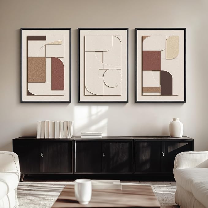 Large Framed 3D Textured Neutral Abstract Wall Art for Living Room, 3 Piece | Solid wood frames, texture paintings, modern artwork for walls, minimalist geometric pictures, wall decor for bedroom office