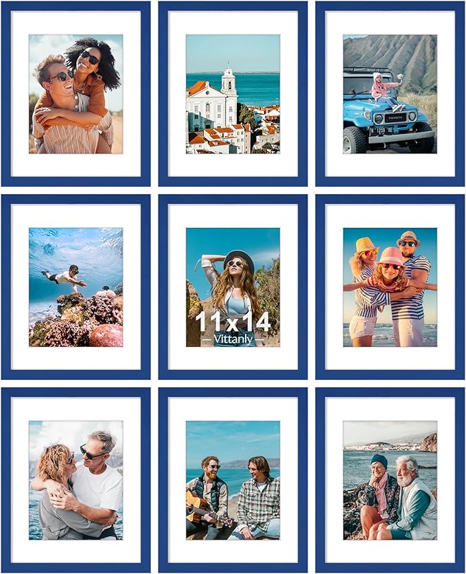 Vittanly 11x14 Picture Frames Set of 9 for Wall Mounting, Blue | Display Pictures 8x10 with Mat or 11x14 without Mat, Engineered Wood with Shatter Resistant Plexiglass, Gallery Photo Frames