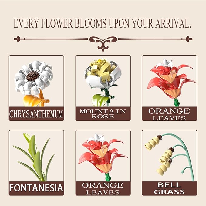 Flowers Bouquet Building Set for Adults. Artificial Flower for Home Kitchen, and Office Decor. Gifts for Christmas Day, Valentines, Birthdays, Mother's Day.