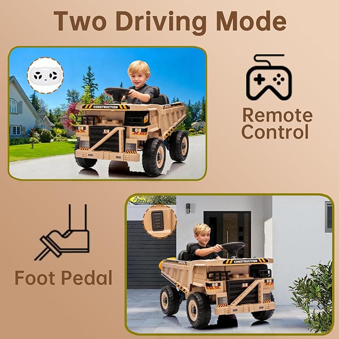 POSTACK 12V Ride On Construction Truck,Battery Powered Ride On Car with Remote Control, Kids Electric Vehicle with Shovel, Bluetooth, Music, Speaker, Boys Girls Gift, Khaki