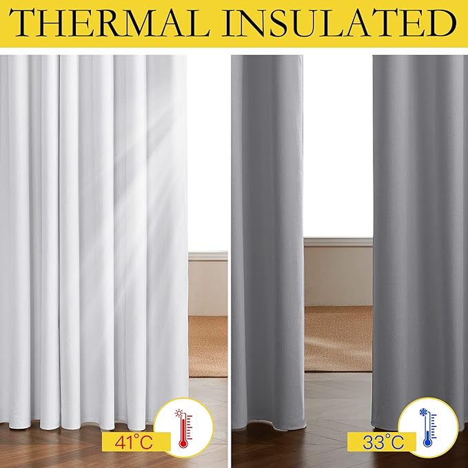 NICETOWN 100% Absolutely Blackout Linen Curtains with Thermal Insulated White Liner, White, 52 inches Wide, 84 inches Length Energy Saving Curtains for Living Room 2 Panels Set, Vertical Blinds