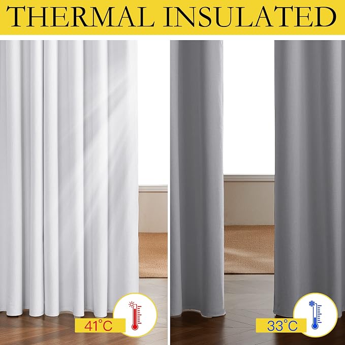 NICETOWN 100% Absolutely Blackout Linen Curtains with Thermal Insulated White Liner, White, 52 inches Wide, 108 inches Length Energy Saving Curtains for Living Room 2 Panels Set, Vertical Blinds