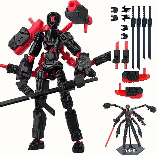 T13 Action Figure Set, 3D Printed Dummy 13, Titan 13 with 6 Arms, T 13 Multi-Jointed Movable, Lucky 13 Robot Desktop Decorations for Game Lovers Toys (Assembly Completed) (Red and Black)