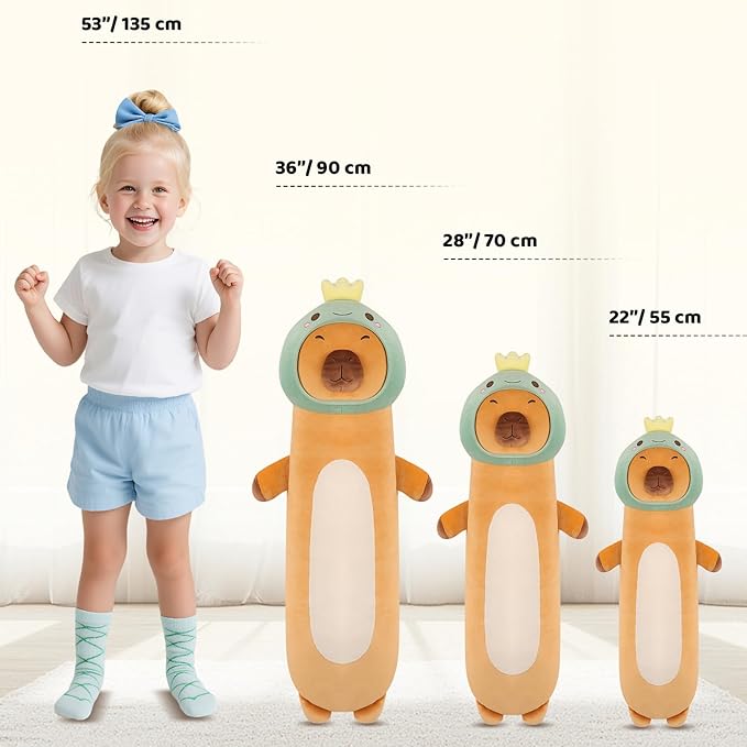 36 inch Extra Capybara Plush Long Pillow Toy Soft Stuffed Animal with Cute Dinosaur, Large Cuddle Sleeping Body Capybara Brown Big Plushies Gifts for Kids Boys Girls, Birthday