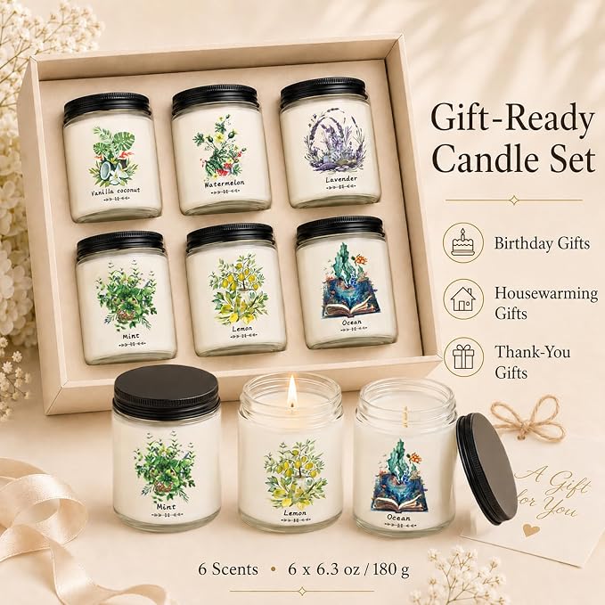 6 Pack Scented Candles Gift Set for Women - Soy Wax Jar Candles | 37.8oz Up to 300 Hours Long Lasting Burn Time, Fresh Scents - Watermelon, Vanilla Coconut, Lavender, Lemon, Mint, Ocean