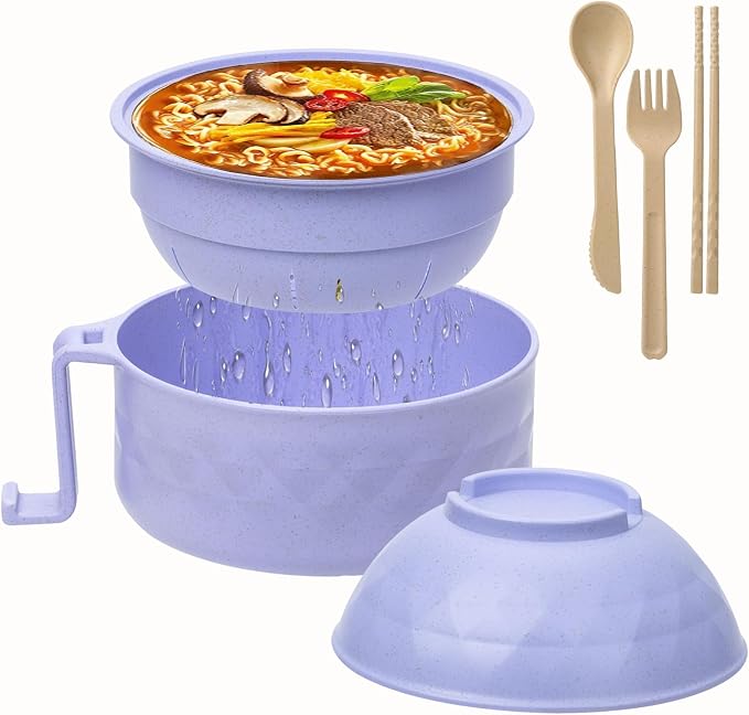 OZY Microwave Ramen Bowl，Ramen Noodle Cooker with Spoon Chopsticks Fork，Ramen Cooker with Handles，College Dorm Room Essentials，BPA-Free (Blue)