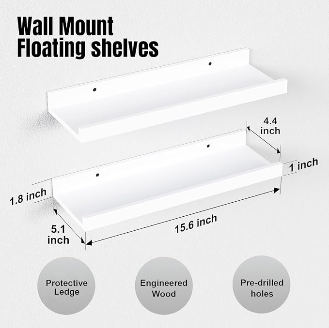 RICHER HOUSE 5-Set Floating Shelves with Lip, White Wall Mounted Wood Shelf | Display Picture Ledge Shelf, Anti-drop lip Shelf for Room Wall Decor, Bedroom Bathroom Storage Nursery Books, Easy Setup 16in
