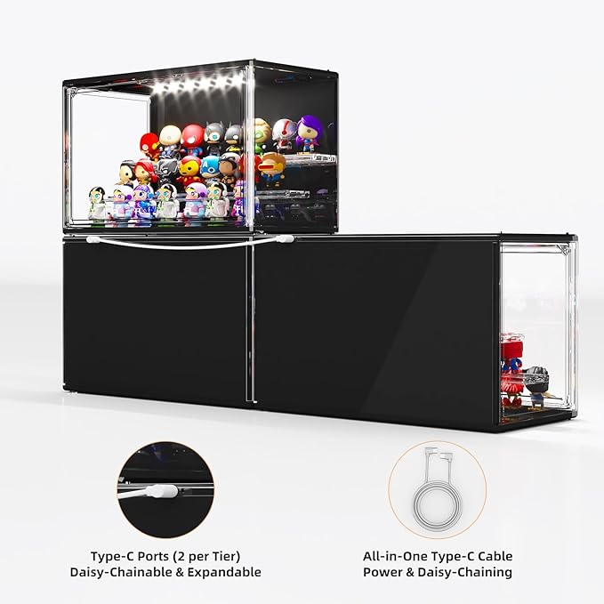Acrylic Display Case for Collectibles with LED Light, 3 Layer Adjustable Figure Display Case with Magnetic Door, Lighted Display Box Stackable Clear Blind Box for Action Figure, Popmart, 1 Pack, Black