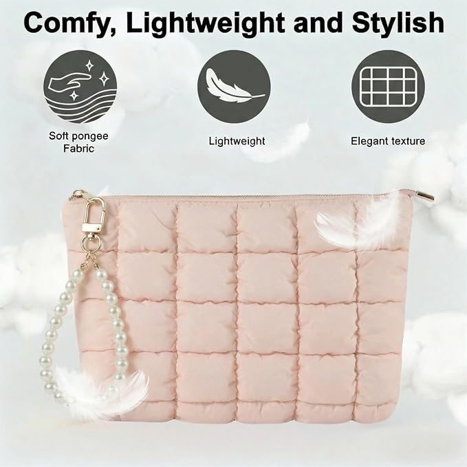 Pink Puffer Quilted Makeup Bag for Women with Furry Keychains - 10" Roomy Puffy Cosmetic Pouch, Travel Toiletry Organizer Bag (PI-Fu-PI)