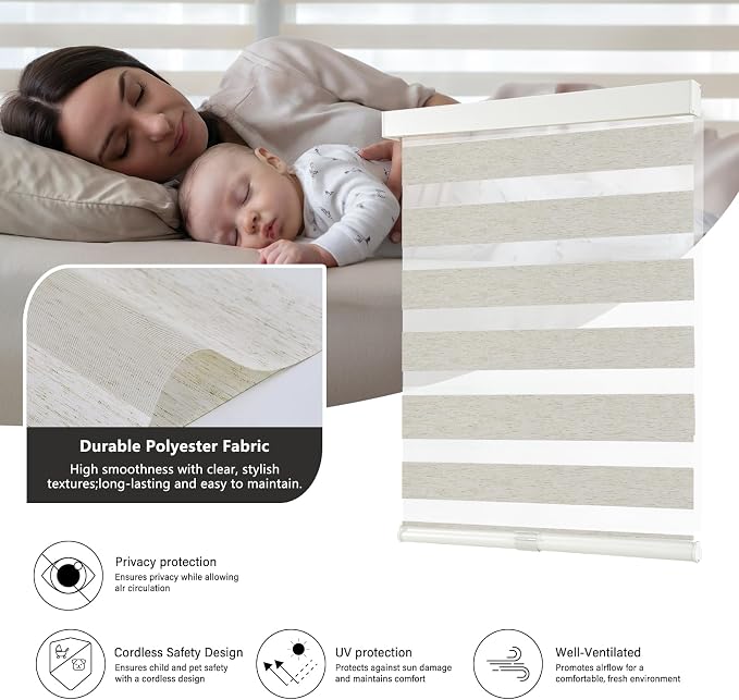 AOSKY Cordless Zebra Blinds for Windows Pull Down Roller Window Shades Dual Layer Light Filtering Privacy for Day and Night, Free-Stop Door Shades for Home Easy to Install Linen Cream 44" W X 72" H