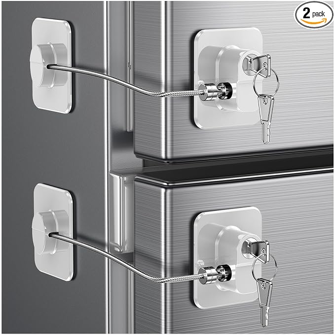 2 Pack Refrigerator Locks with 4 Keys, Child Safety Lock for Fridge Door Locks, Cabinets, Freezer, Desk Drawers, Wardrobes, Closets, Windows-No Tools Need or Drill (Patent)