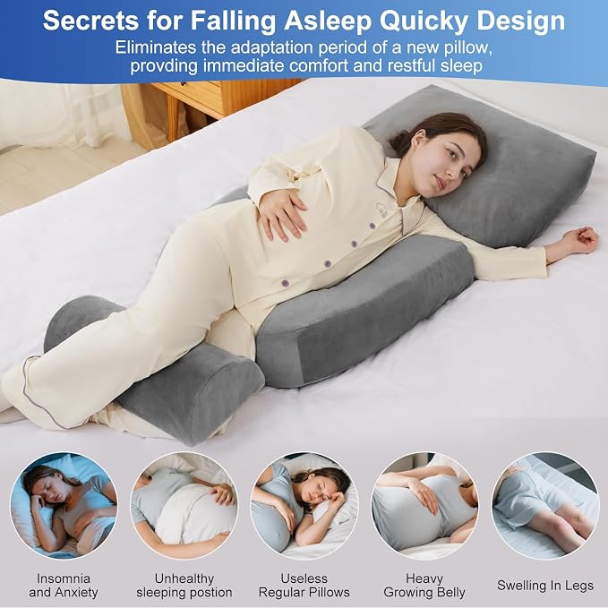 Pregnancy Pillows for Sleeping, 44.5 Inch Pregnancy Massage Pillow Full Body Pillow with Leg Pillow & Removable Cover - Support for Back, Legs, Belly, HIPS for Pregnant Women (Dark Grey)