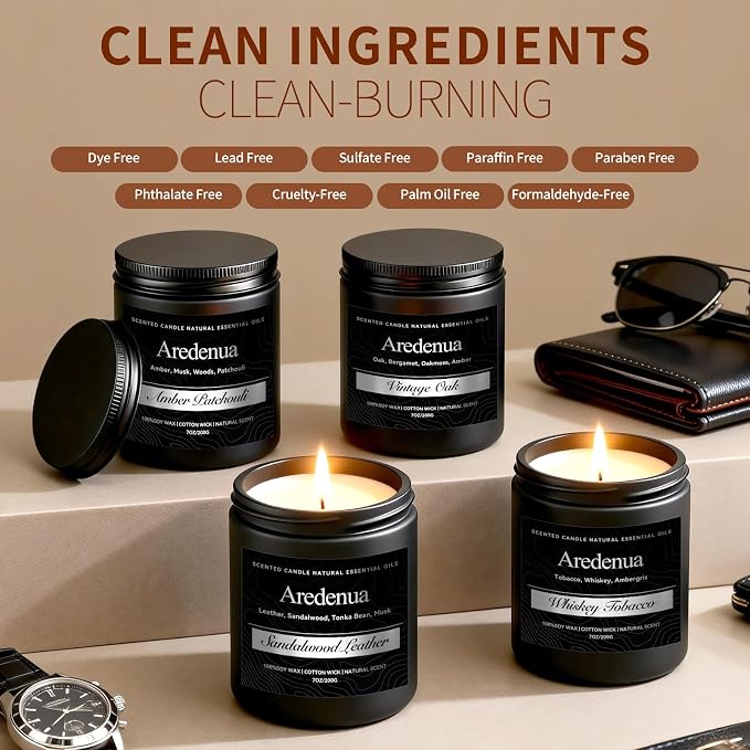 Mens Candle Set – Manly Candles for Men, 4 Pack Soy Candles for Home Scented, Masculine Candle Gift Set - Includes Sandalwood Leather, Whiskey Tobacco, Amber Patchouli & Vintage Oak