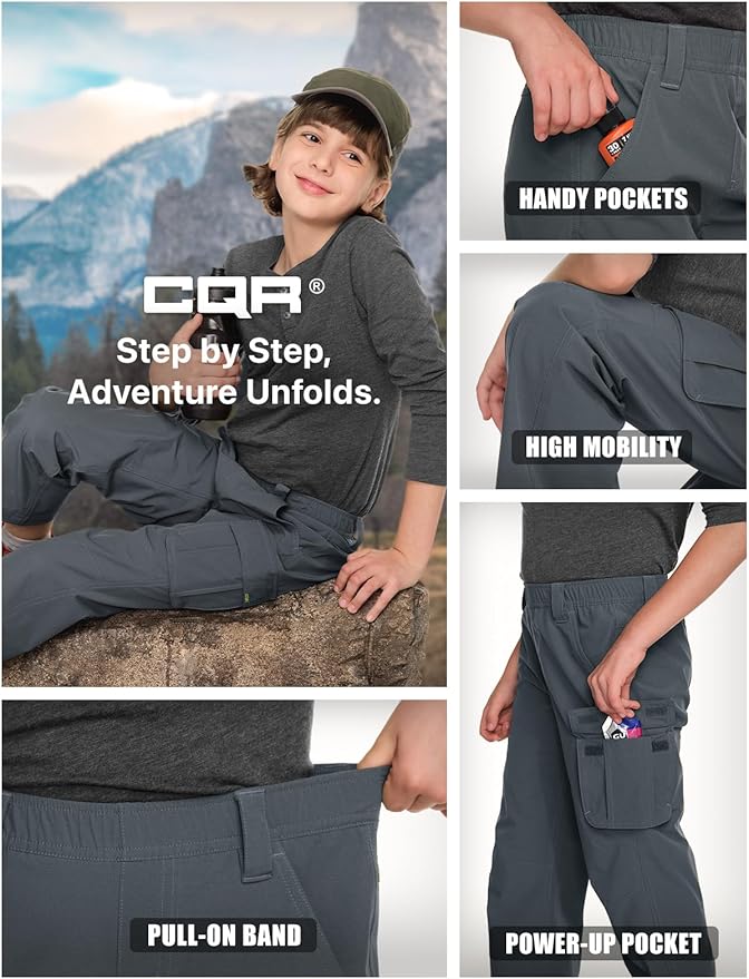 CQR Kids Boy’s Hiking Cargo Pants, Water Resistant UPF 50+ Quick Dry Youth Casual Outdoor Climbing Camping Trousers
