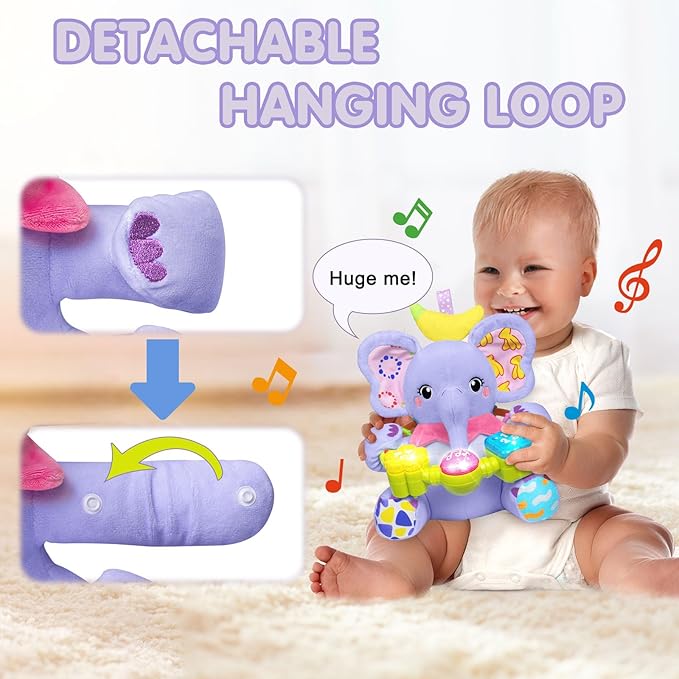 Baby Bilingual Musical Elephant Stuffed Animals Toys,Infant Early Learning Toy with Light-Up Music & Crinkle,Tummy Time Toys for 0 3 6 9 12+ Months for Baby Boy Girl Gift,Purple