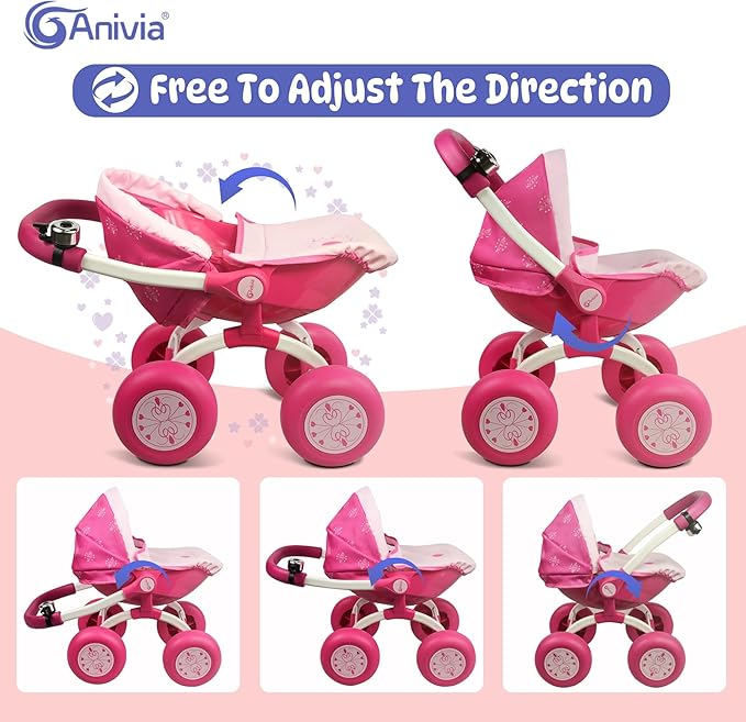 ANNIVIA Baby Doll Stroller - Metal Fold Up and Down Pram Carriage for Dolls