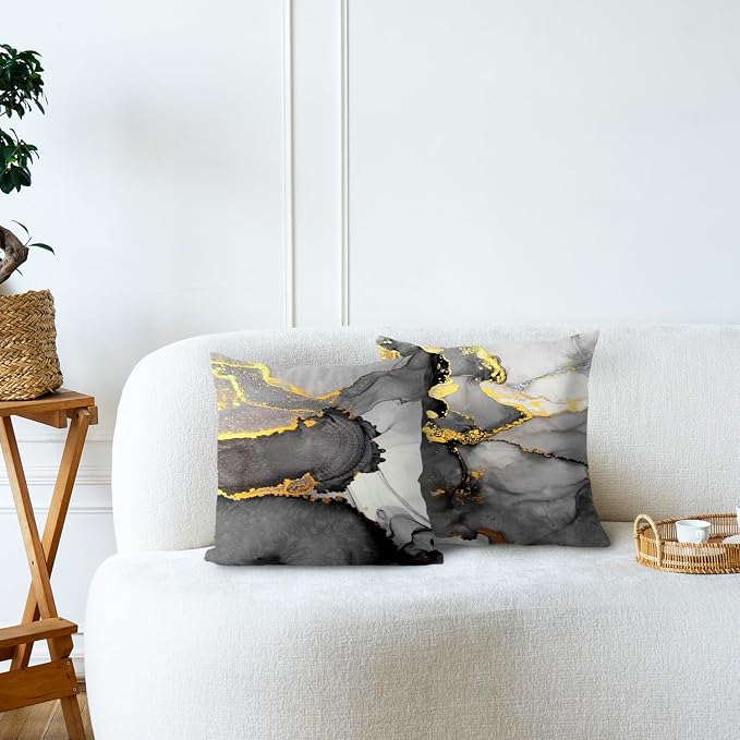 Black Grey and Gold Marble Pillow Covers 18x18 Double-Sided, Abstract Modern Decorative Throw Pillow Covers for Living Room Bedroom, Modern Home Decor, Black and Gold Decor, Set of 2