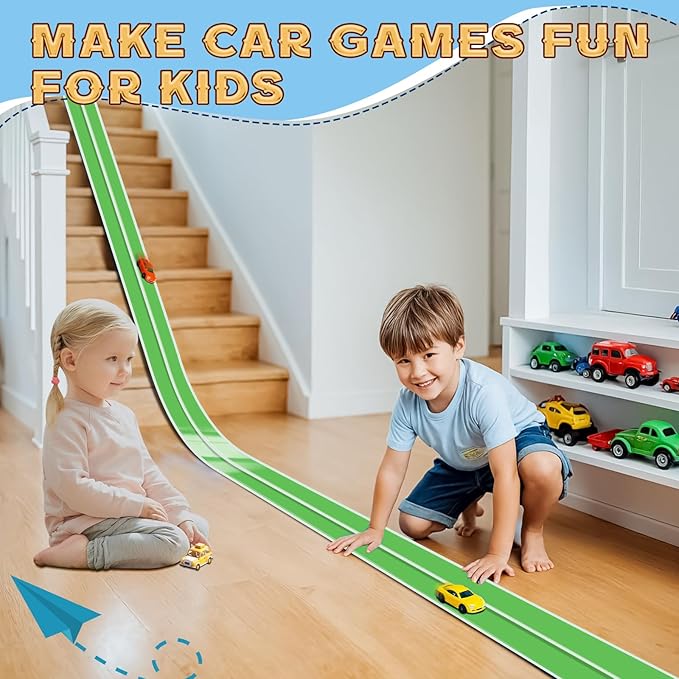 Flex Tracks 15 Ft for Kids Starter Set, Flexible Race Car Ramp Track with Suction Cups Compatible with Hot Wheels and Diecast 1/64th Cars for Ages 3 & Up (Green & White)