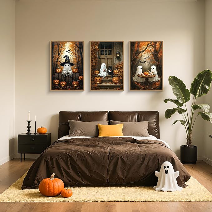 FWIEXA Halloween Cute Ghost Pumpkins Canvas Wall Art Set of 3, Black Cat Framed Painting Artwork, Vintage Witchy Hat Bats Prints, Fall Maple Leaf Decor 16x24In for Party, Gift, Living Room, Bedroom