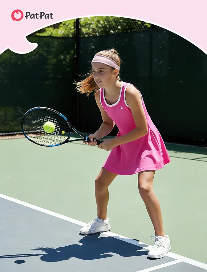 PATPAT Girls Athletic Dress Tennis Summer Outfit with Headband & Shorts | Quick-Dry RapidAir-C Fabric, Lightweight Breathable Golf Dress, Sweat-Wicking 2 Piece sets, Two Hidden Pockets