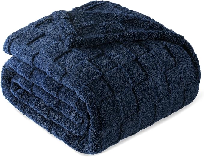 Exclusivo Mezcla 3D Checkered Fleece King Blanket for Bed, Navy Blue | Super Soft and Cozy Fluffy Blanket, Lightweigh and Breathable Blanket for Living Room, Bedroom, Decor, All Season, 104"x90"