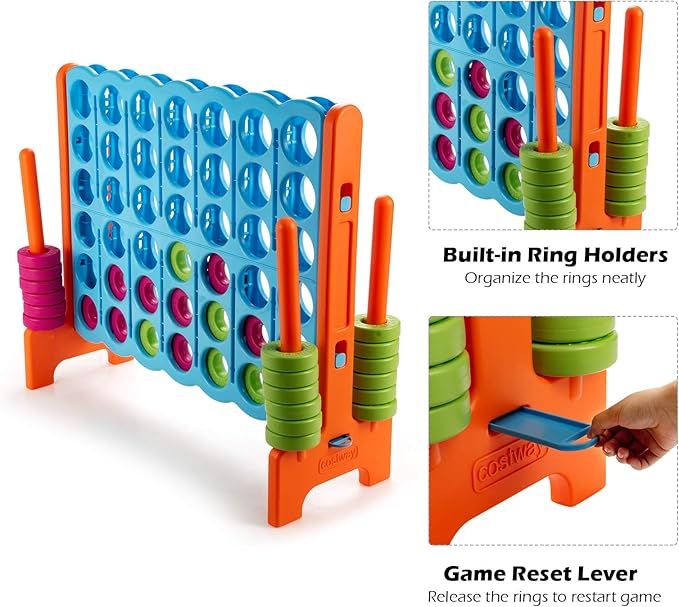 COSTWAY Jumbo 4-to-Score Giant Game Set, 4 in A Row for Kids and Adults, 3.5FT Tall Indoor, Outdoor Set with 42 Jumbo Rings & Quick-Release Slider, Ideal for Holiday Party, Family, Baby Blue