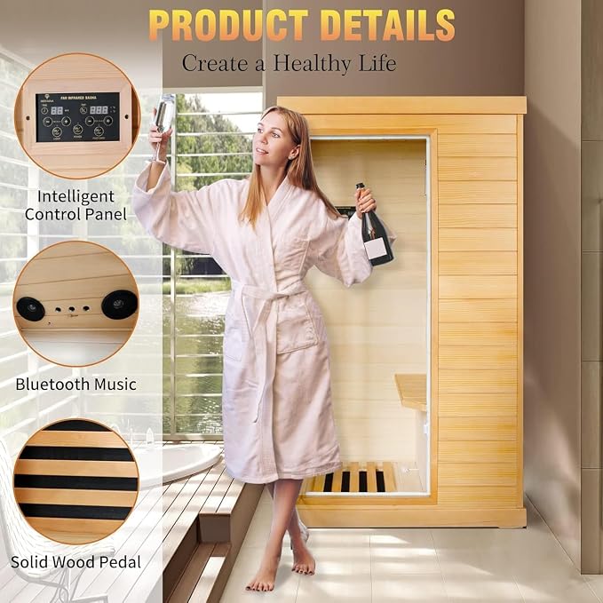 Far Infrared Sauna 1 Person Saunas for Home Spa Low EMF Dry Sauna | Canadian Hemlock Wood Indoor Sauna with Tempered Glass Door, Speaker, Reading Light, Easy Assembly, 1200W, 61.61*35.24*27.56"