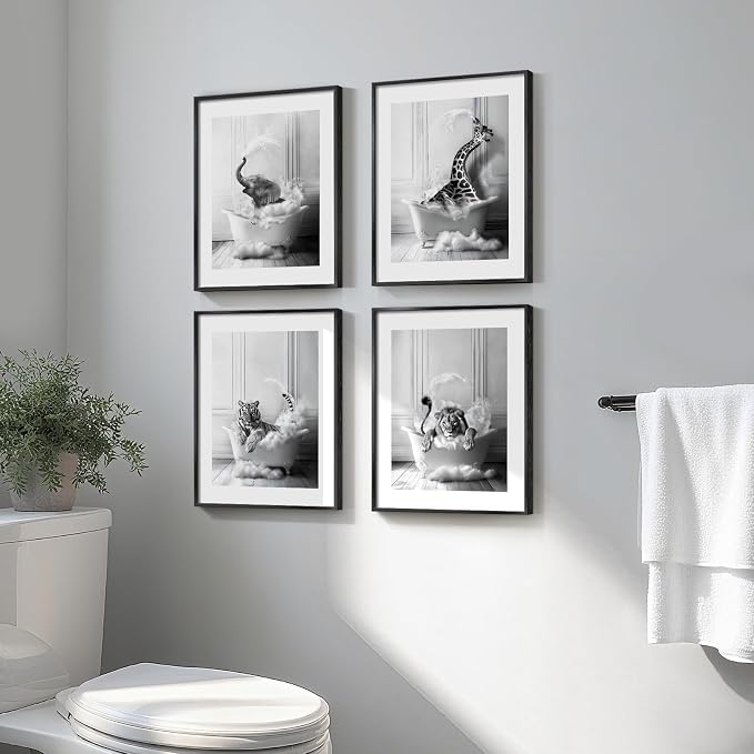 Framed Funny Bathroom Wall Art, 4 Piece Modern Black and White Canvas Prints Painting Artwork for Walls, Elephant Lion Tiger Giraffe Bathing Animals in Bathtub Pictures Kids Bathroom Wall Decor, 11x14