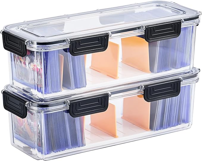 DEEIF Toploader Storage Box, Trading Card Storage Box with 5 Dividers, Hard Plastic TCG Card Storage Box for Top Loaders, Large for 165 Toploaders 650 Cards (2 Pack)