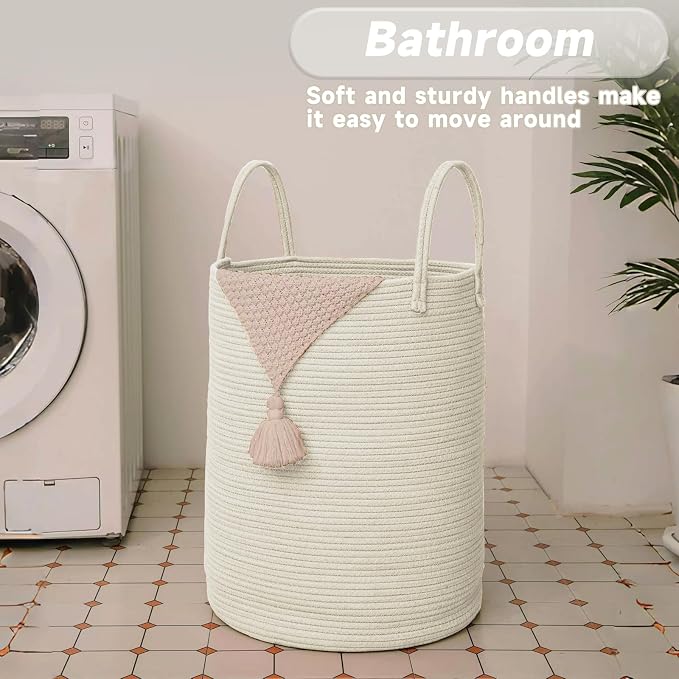 JMvicyroam 100L Cotton Rope Laundry Basket Hamper, White | Collapsible laundry basket, reinforced handles, freestanding, machine washable, holds 3-5 thick blankets, clothes or toys