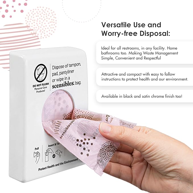 Scensibles Bathroom Dispenser for Menstrual Care Disposal - Bag Dispenser and Refill Boxes - for Tampons, Pads, Other Disposable Hygiene Products (Satin Chrome)