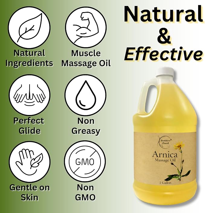 Brookethorne Naturals Arnica Massage Oil for Massage Therapy | Arnica Montana & Lemongrass Essential Oil – All Natural Supports Active Lifestyles – Paraben Free, Made in USA – 1 Gallon