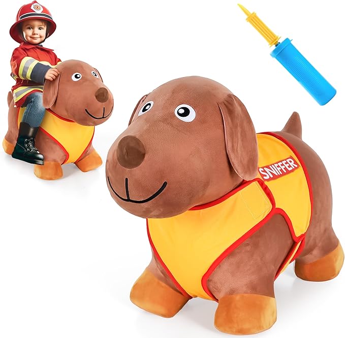 iPlay, iLearn Bouncy Pals Dog Hopping Horse, Plush Inflatable Animal Hopper, Indoor n Outdoor Ride on Jumping Bounce Toys, Birthday Gift for 18 Months 2 3 4 5 Year Old Kids Toddlers Boys Girls